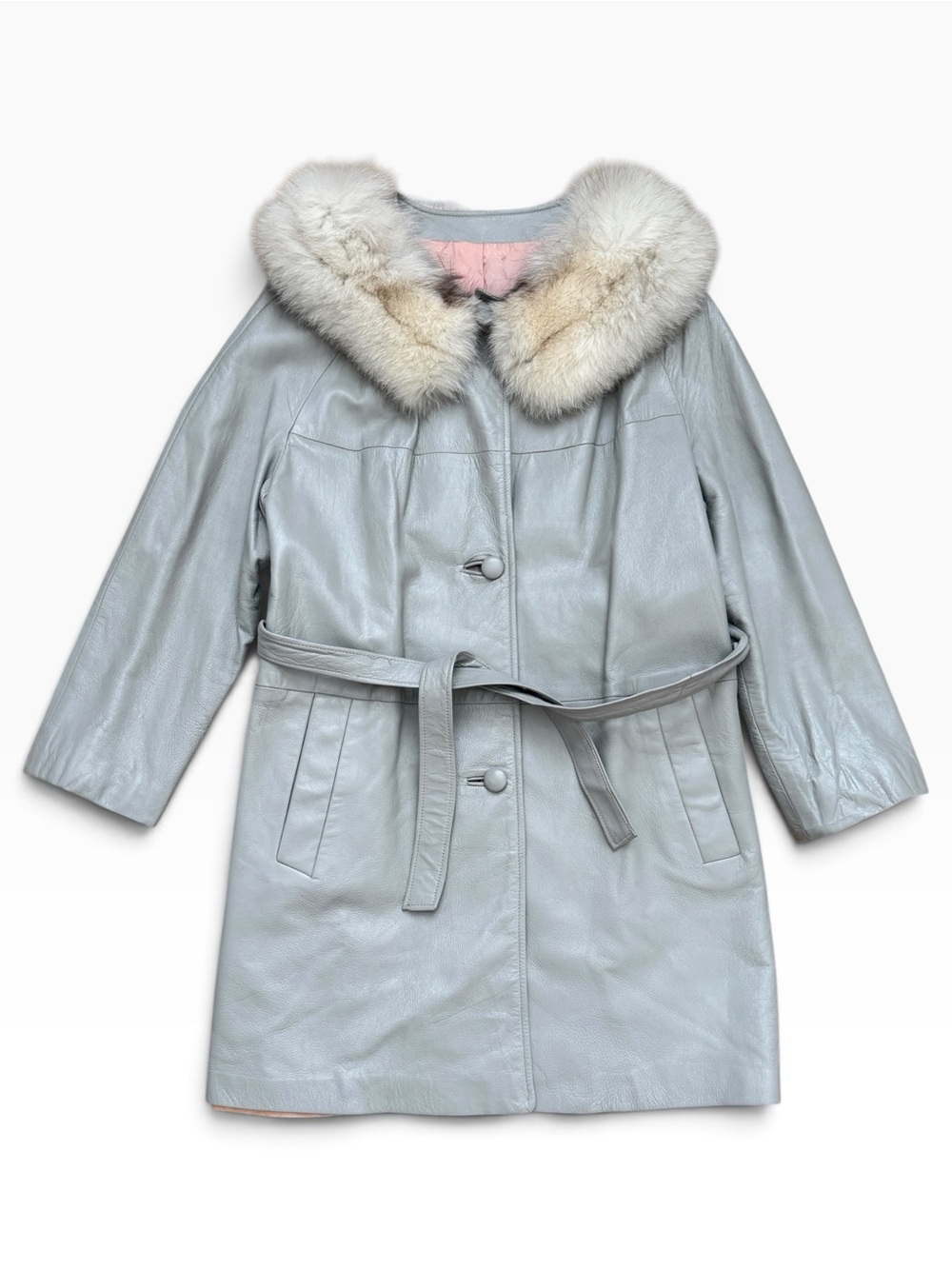 Vintage 70s Blue Gray Leather Coat Fur Collar Belted Size M